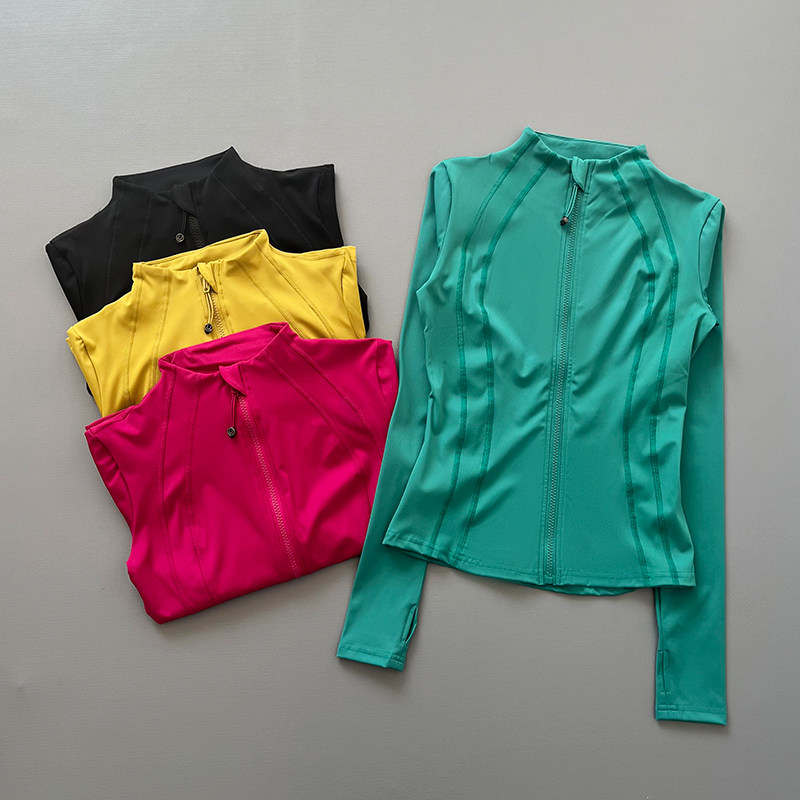 Pilates Yoga Jacket - 女性用フルジップ長袖アスレチックジャケット、サムホール付き、スリムフィット、速乾性、ランニング、ジム、ヨガ、フィットネス、スポーツコート